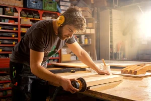 Een bebaarde man met gehoorbescherming werkt met een elektrische schuurmachine aan een stuk hout in zijn rommelige werkplaats thuis. De achtergrond is gevuld met verschillende gereedschappen, planken en houten materialen. Zonlicht stroomt door een raam naar binnen en verlicht de werkruimte.